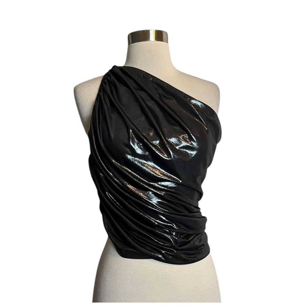 Norma Kamali Diana Bra Top M Metallic Dark Gray One Shoulder Cropped